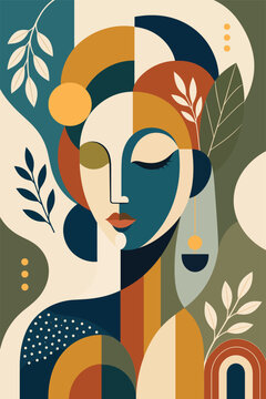 Abstract Geometric Woman Face Portrait in Modern Minimalist Line Art, Female Head Vector Illustration for Wall Decor Poster and Beauty Brand Print Design