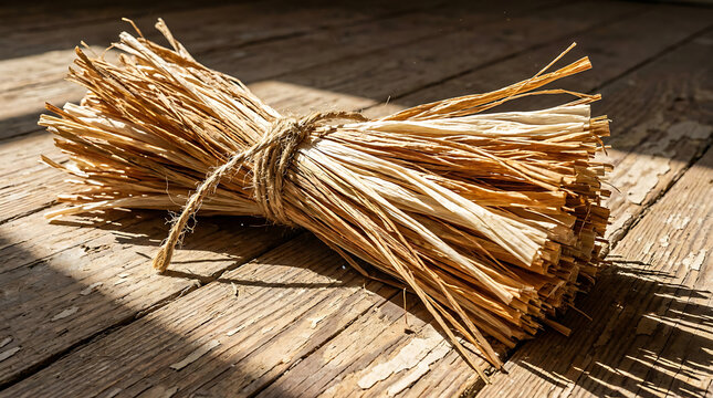 Natural raffia fibers bundled with rough twine tied on weathered wooden surface with dappled sunlight
