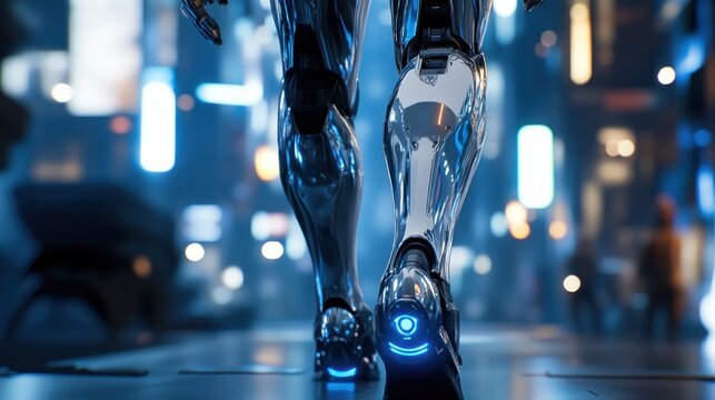 Close up of futuristic robot walking in the city