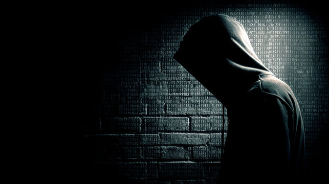 Mysterious hooded hacker standing against brick wall with glowing binary code in dark moody lighting scene