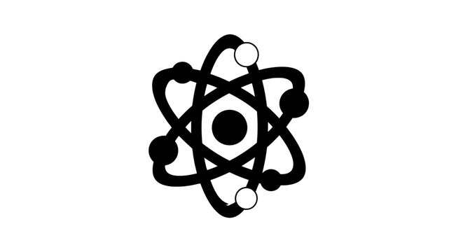 Black atom symbol with electrons orbiting.