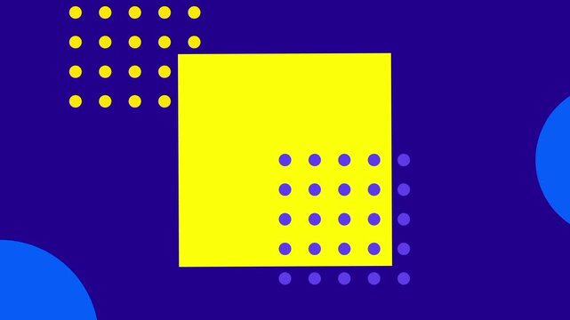 A bold yellow square with dotted patterns on a deep purple background arranged in a playful memphis style geometric design composition overall look
