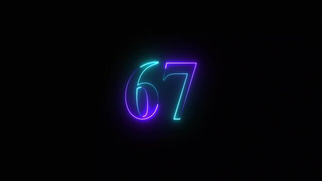 Neon glowing number 67 animation with vibrant purple and blue gradient light effect on black background