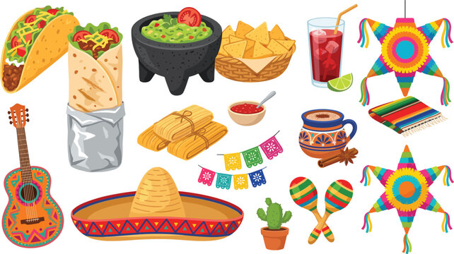 Mexican Food and Fiesta Vector Element Set with Taco, Burrito, Guacamole, Sombrero, Guitar, Pi&ntilde;ata, and Maracas for Cinco de Mayo Designs