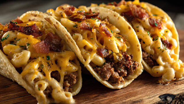 Ultra close-up of cheesy bacon macaroni cheeseburger tacos, overflowing with gooey melted cheddar cheese, creamy macaroni, juicy seasoned beef, and crispy golden bacon, inside warm soft flour tortilla