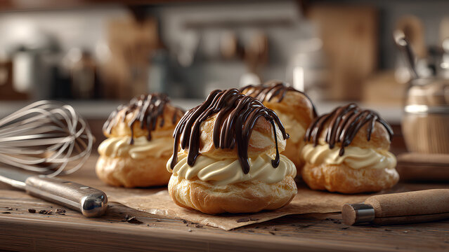 
Ultra-realistic photo of cream puffs filled with custard cream and topped with rich chocolate drizzle, placed on a rustic wooden kitchen counter with common baking utensils (whisk, bowl, knife) in th