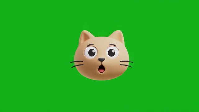 Stylized surprised cat emoji head on chroma green background for motion graphics, video editing, streaming, presentations, social media, and commercial overlays.