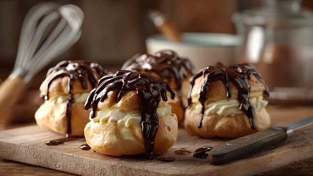 
Ultra-realistic photo of cream puffs filled with custard cream and topped with rich chocolate drizzle, placed on a rustic wooden kitchen counter with common baking utensils (whisk, bowl, knife) in th