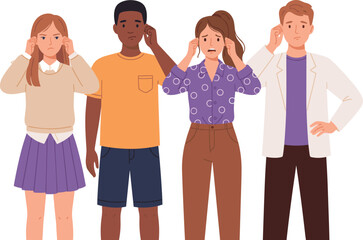 Fototapeta premium Group of people covering their ears vector illustration featuring diverse characters blocking out noise with annoyed and uncomfortable expressions on a white background
