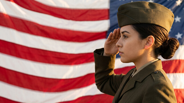 Woman soldier saluting proudly in uniform with flag