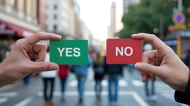 Yes and no choice cards held by hands representing decision making approval rejection and business evaluation concept