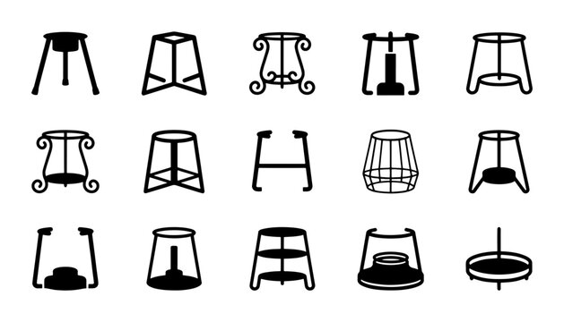 Set of 15 Scientific Laboratory Stands, Tripods, and Burner Supports, Black and White Vector Icons for Chemistry and Physics Education, Research Equipment