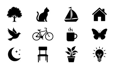 Fototapeta premium 12 Simple Black Silhouette Icons: Tree, Cat, Sailboat, House, Bird, Bicycle, Coffee Cup, Butterfly, Moon, Chair, Plant, Lightbulb - Versatile Vector Graphics for Design