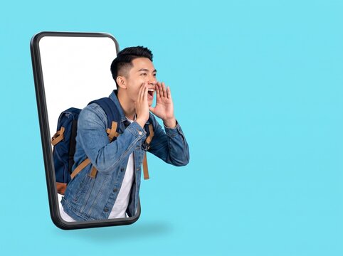 A young Asian male student with a backpack emerging from a smartphone screen and shouting with hands cupped around his mouth against a light blue background, representing mobile education and calls.