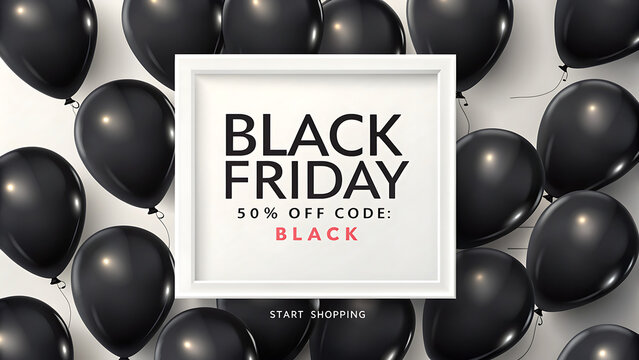 Black Friday Sale Promotion Banner with White Square Frame, 50 Percent Off Discount Code, and Glossy Black Balloons Background