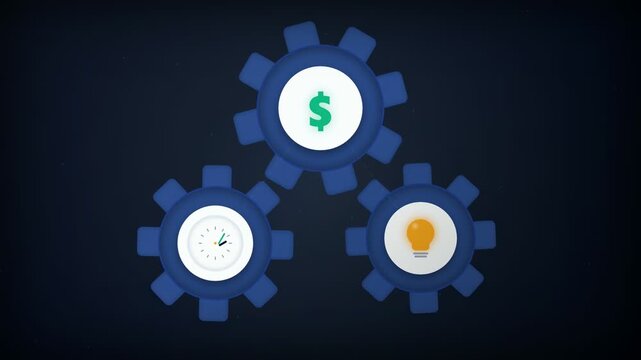 Blue gears rotating with icons of dollar sign clock and lightbulb representing business synergy and efficiency