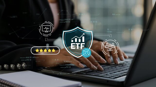 Passive income strategy with secure ETF portfolio management, financial security planning and businesswoman in modern office monitoring investment performance