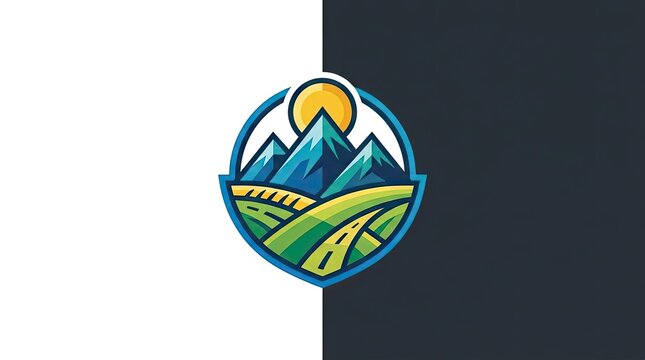 Circular mountain landscape logo with sun.