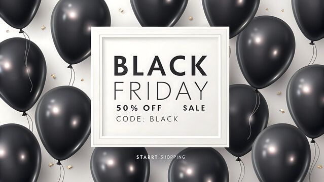 Black Friday Sale Promotion Banner with White Square Frame, 50 Percent Off Discount Code, and Glossy Black Balloons Background