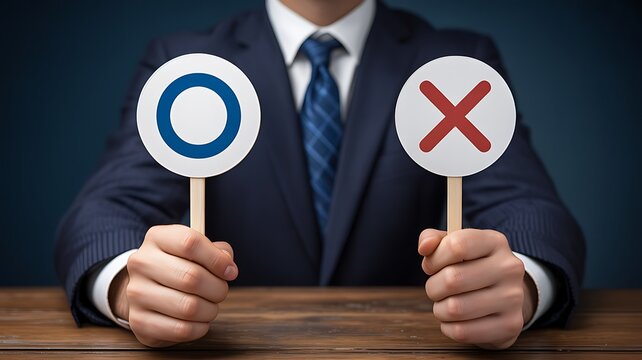 Business professional holding approval and rejection signs representing decision making evaluation feedback and assessment concept