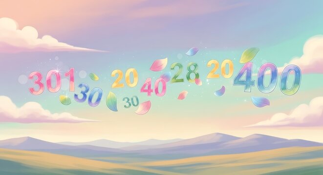 Floating numbers against a soft pastel sunset sky with rolling hills landscape