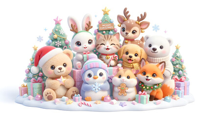 Fototapeta premium Adorable collection of kawaii Christmas characters including teddy bear, bunny, kitten, puppy, penguin, polar bear, hamster, fox and baby reindeer celebrating Christmas together with presents, ornamen