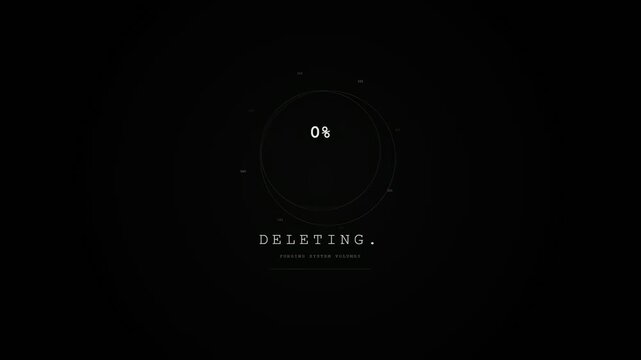 Minimalist White Circular Loading Progress Bar Displaying Deleting File Status Percentage with Tech Glitch on Black Background
