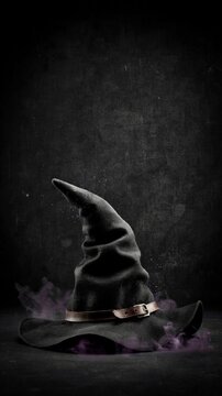 Mystical Black Witch Hat with Purple Magic Smoke on Dark Grunge Background