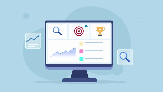 Flat vector animated desktop monitor displaying a search analytics dashboard with keyword research, performance charts, target tracking, and workflow interface. Ideal for business, SEO, and technology