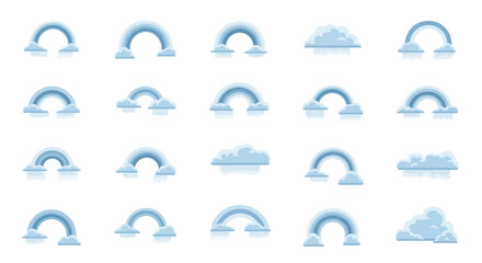Fototapeta premium Rainbow icons arranged in a grid feature various weather patterns with fluffy clouds and colorful arcs for meteorological illustrations.