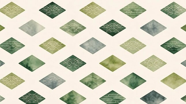 緑や灰色の青海波やエ霞が入った菱文様を散りばめた手描き風水彩の和モダン背景イラスト