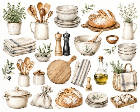 Watercolor rustic farmhouse kitchen essentials collection with ceramic cookware wooden utensils and bread