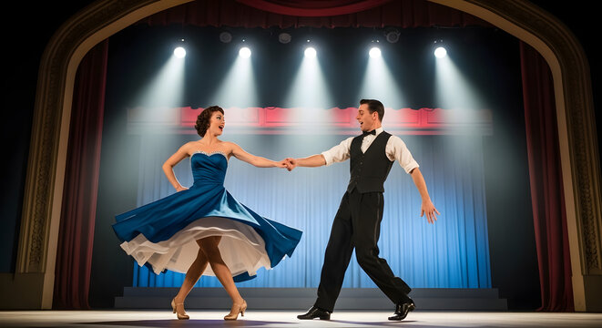 Professional couple performing traditional dance moves under bright theater spotlights on stage floor.