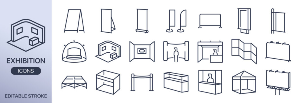 Exhibition, expo line icons set. Booth, banner, advertising stand, trade show tent, digital totem, and more icons. Editable Vector Stroke.