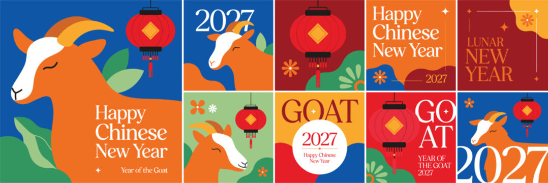 Vector illustration of a goat head and chinese new year lanterns with celebratory text for 2027 caprine bovine animal mammal graphic design