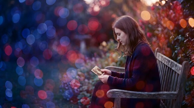 Woman Reading Book on Park Bench Surrounded by Bokeh Lights and Flowers, Peaceful Outdoor Moment, Serene Lifestyle Illustration
