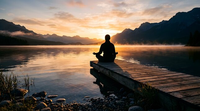 Silhouette of Person Meditating on Dock at Serene Lake Sunrise with Misty Mountains and Golden Sky, Zen Mindfulness Retreat