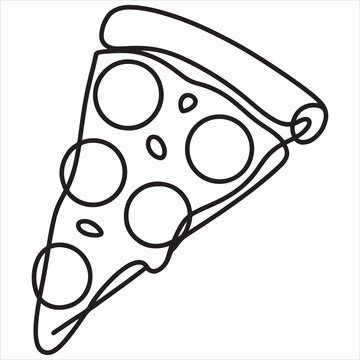 Simple black and white line art illustration of a single slice of pepperoni pizza on white background