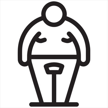 A simple black line icon of an overweight person standing on a bathroom scale for weight measurement