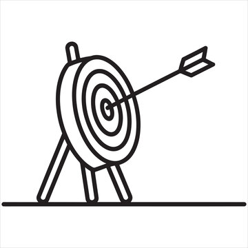 Minimalist line art icon of an arrow hitting the center of a target on a stand
