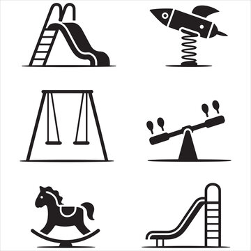 Set of black and white playground equipment icons featuring slides swings seesaw and rocking horse for children