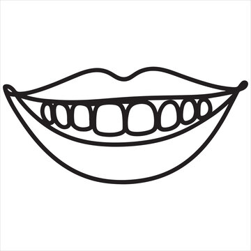 A simple black and white line art illustration of a smiling mouth with visible teeth on a background