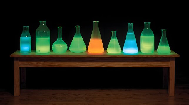 filled with advanced glassware containing luminous chemical solutions futuristic lighting setup