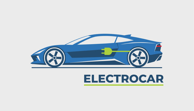 Modern blue electric sports car illustration featuring a green charging plug design and the word electrocar below.