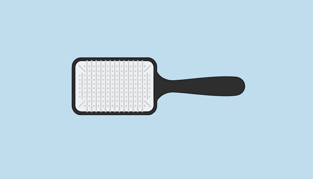 Slicker brush for dog and cat grooming with a comfortable black handle and fine metal wire pins on light blue.