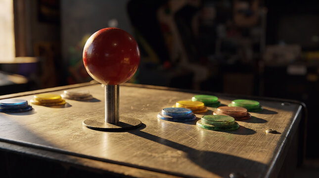 A close-up view of a vintage arcade game control panel featuring a red joystick and colorful plastic buttons set in a warm, nostalgic indoor environment.