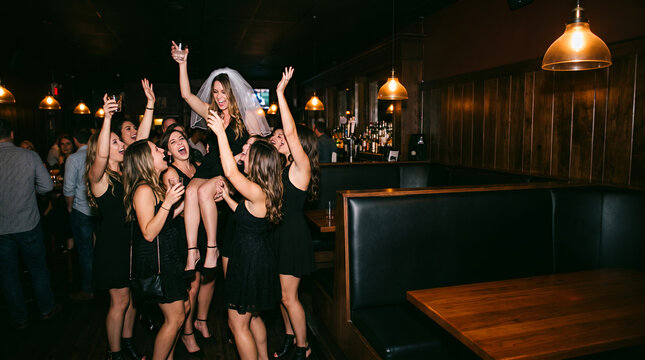 Bride celebrating with friends at bachelorette party in nightclub