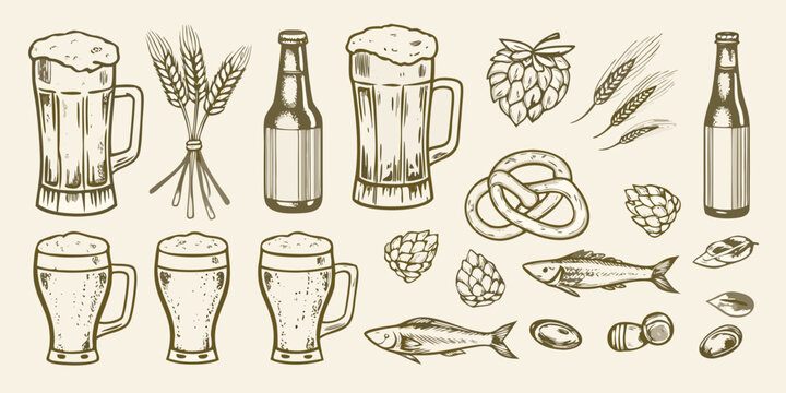 Beer Mugs Bottles Hops And Seafood Vector Illustration