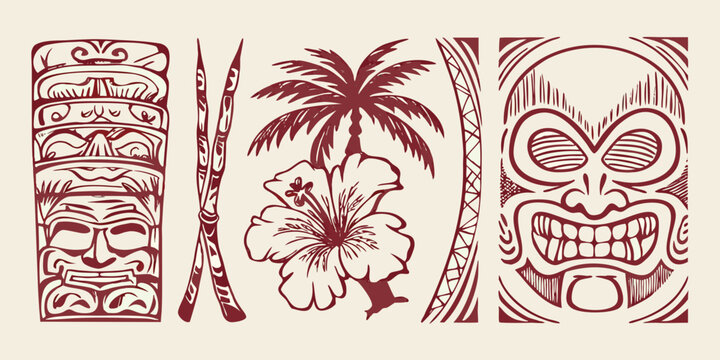 Polynesian tiki masks palm tree and hibiscus flower vector illustration