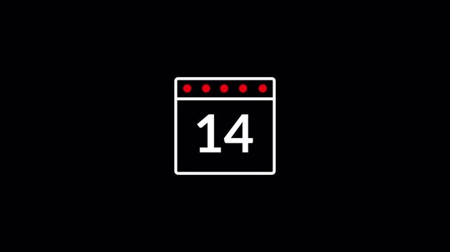 Calendar Date 14 Animation with Transparent Background, Animated Calendar Day 14 Icon, Date Reminder Motion Graphic in 4k.